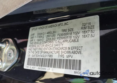 2016 Acura Rdx Advance Package from USA, damaged, VIN 5J8TB3H74GL017985